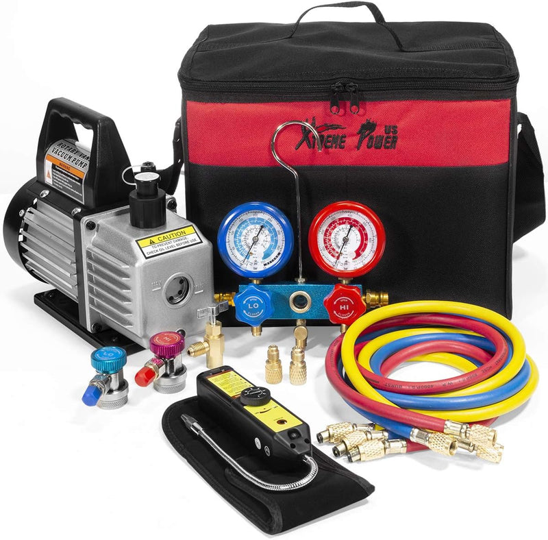 Premium 4CFM Air Vacuum Pump HVAC A/C Refrigeration Kit AC Manifold Gauge Case Set R134a Tap w/Leak Detector and Carrying Tote Bag X3526