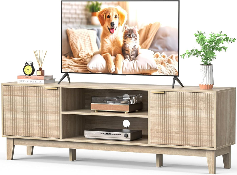 70" TV Stand Room, Fluted Mid-Century Modern TV Console for TVs up to 80 inch, Farmhouse Entertainment Center with 2 Storage, Media Console Table Room, Oak W1397
