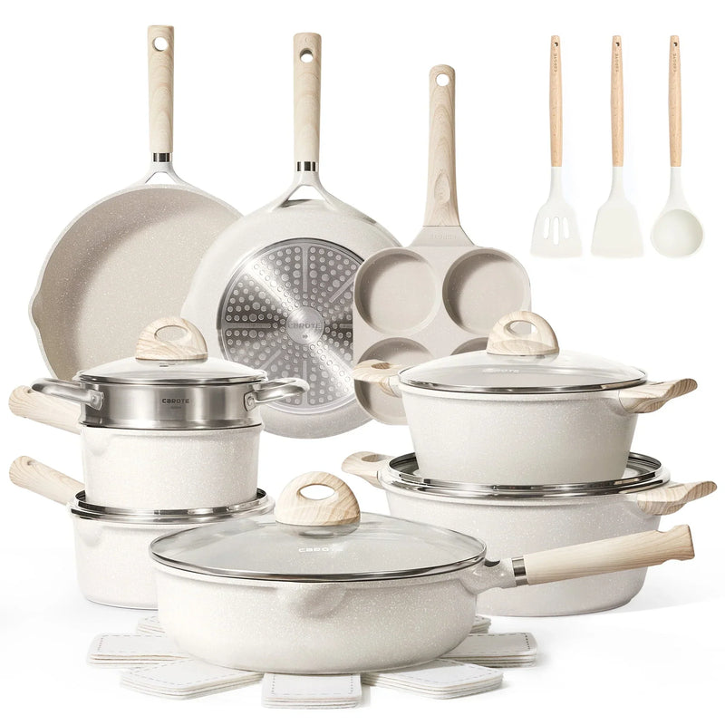 Carote Non Stick Pots and Pans Set, 21 Pcs Induction Kitchen Cookware Sets (Beige Granite) D4390