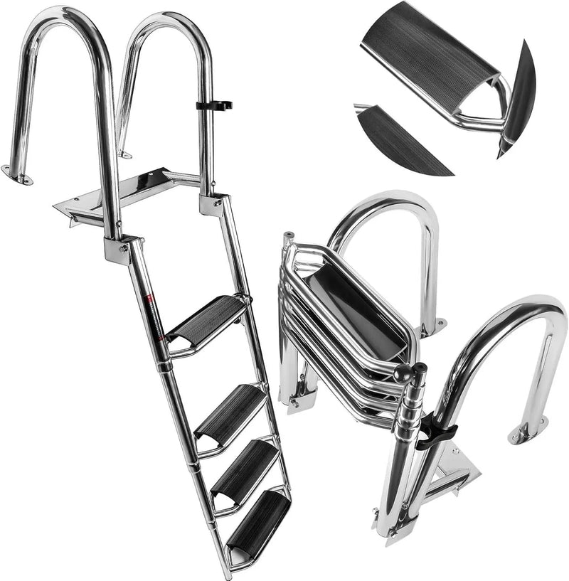 4 Steps Telescoping Boat Ladder Reinforce Dock Ladder Heavy Duty Swim Deck Ladder with Hand Railings and Extra Wide Steps L2942