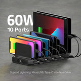 A charging interface station with 10 USB fast charging ports and adjustable partitions, suitable for charging multiple devices such as iPads, iPhones, tablets and mobile phones - 5-piece set, black