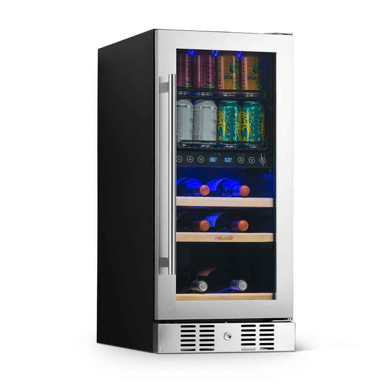 Newair 15 Dual Zone Beverage Cooler with Removable Beech Wood Shelves, Stainless Steel H3594