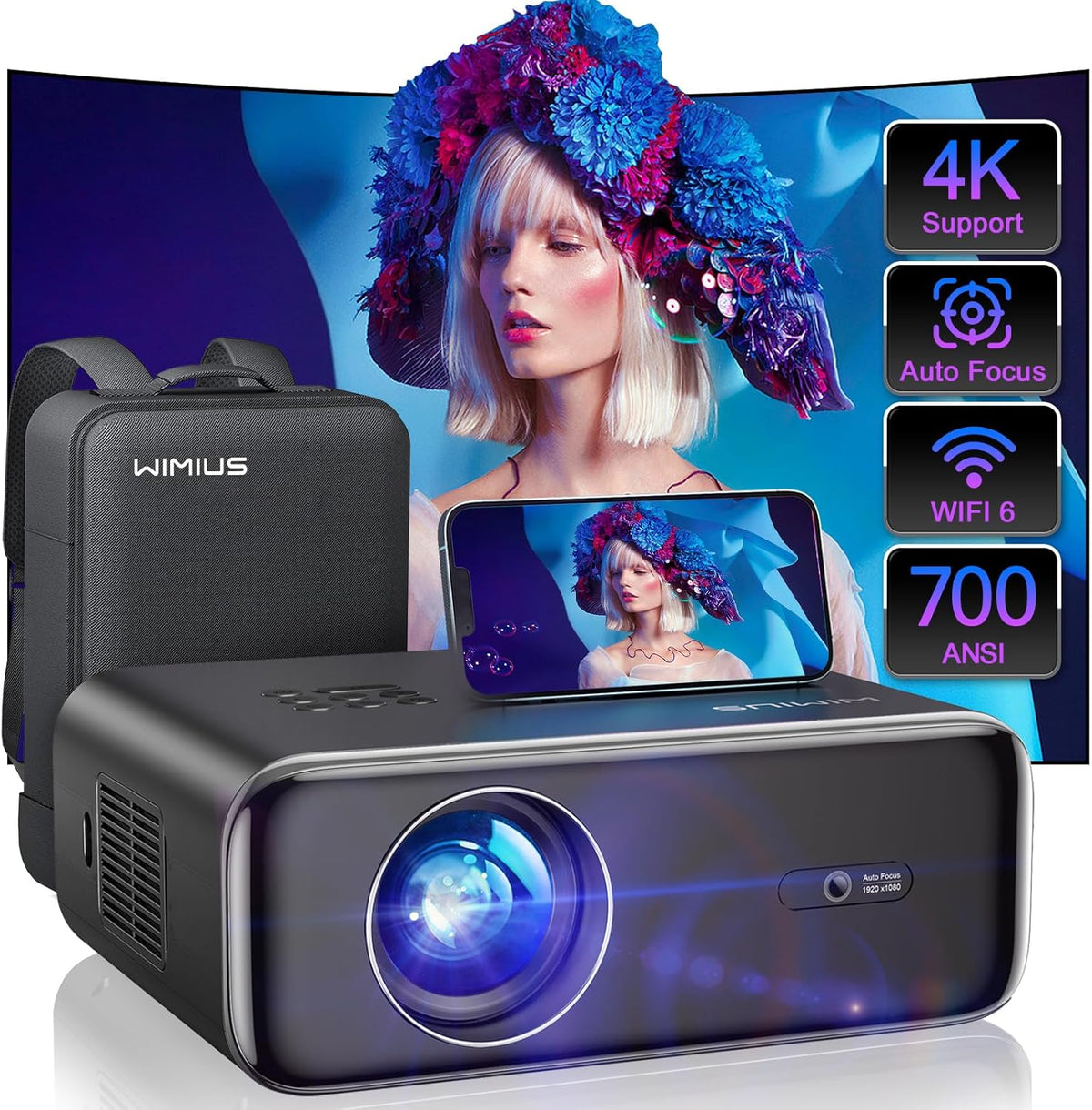 [Auto Focus/4K Support] Projector with WiFi 6 and Wireless 5.2, 700ANSI Native 1080P Outdoor Movie Projector, WiMiUS P62 Auto 6D Keystone & 50% Zoom, Smart Home Projector for iOS/Android/TV Stick