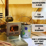 Titanium alloy tent wood stove for camping, 2 kilograms, foldable, lightweight and compact portable heat tent stove, comes with a 2.2-meter chimney, suitable for winter backpacking camping.