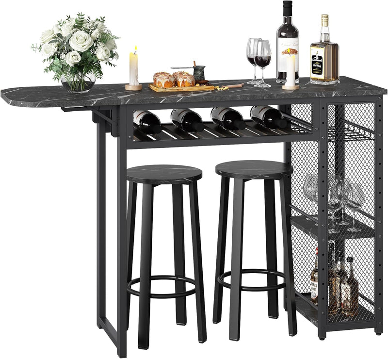 Bar Table and Chair Set, Industrial Expandable Dining Table with 2 Bar Stools, Kitchen Counter with Wine Rack & 3 Tier Adjustable Storage Shelves Rustic Brown W1442