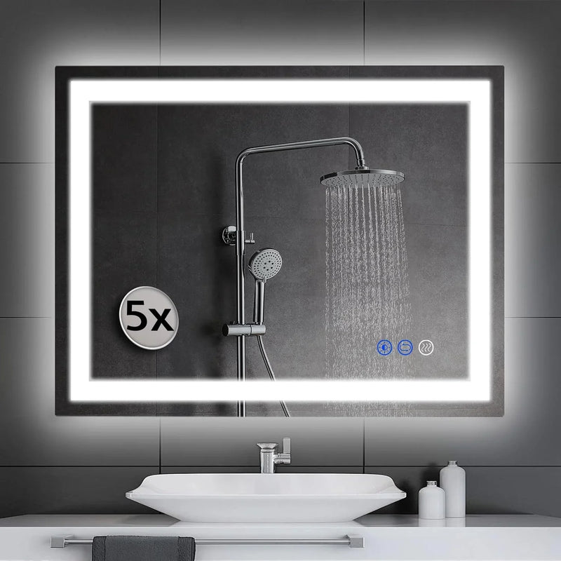 LED wall-mounted makeup mirror with lights - suitable for wall-mounted large makeup tables. Features intelligent touch buttons, anti-fog, water resistance, adjustable dimming, color adjustment, and magnifying glass function. C8202
