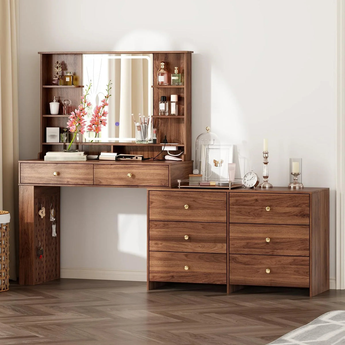 Makeup Vanity Desk with Mirror and Lights, Vanity Desk with 8 Drawers & Storage Shelves, Vanity Table with Power Outlet, 3 Color Modes & Adjustable Brightness Dressing Table, Bedroom,White2