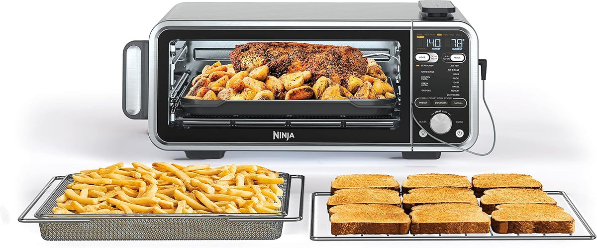 Toaster oven, air fryer, thermometer, toaster-air fryer combo, stainless steel material, quick cooking, french fries, frozen food, air frying, dehydrating, heating, 13 functions, less oil usage, flip-type oven