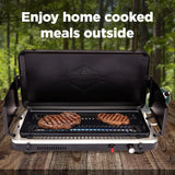 Gas camping barbecue grill | 13,000 watts | Portable liquefied gas burner | Foldable legs and feet | Integrated igniter and built-in regulator (with stainless steel drip tray) | Windproof panel and built-in handle