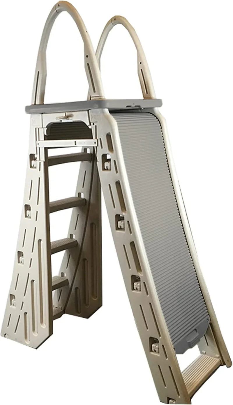 Confer Plastics 7200 Roll Guard 48" to 56" Adjustable A Frame Safety Ladder for Above Ground Outdoor Patio Swimming Pool Platform Ladder with Step Barrier, Warm Grey… F1728