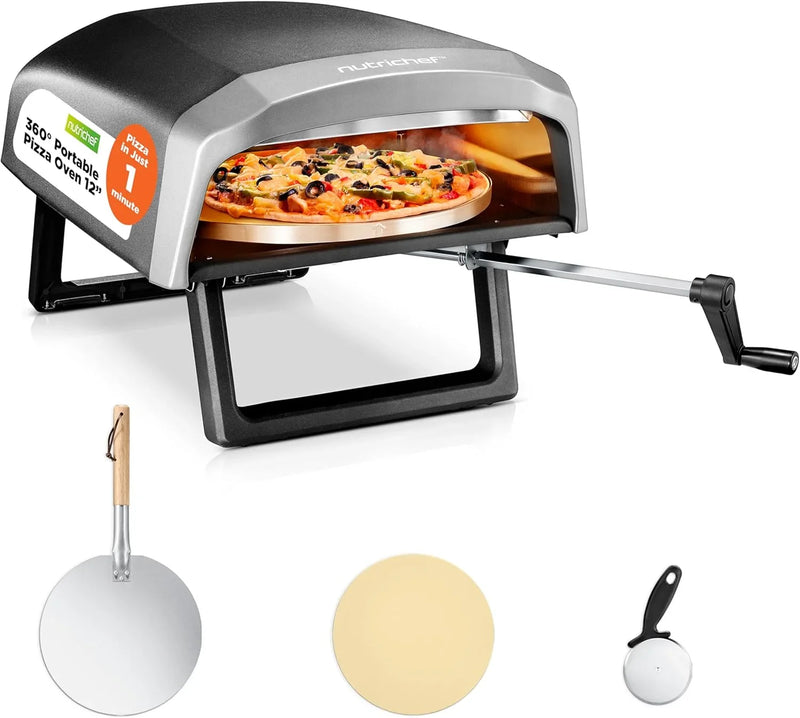 Outdoor pizza oven, equipped with 360-degree rotating pizza stone | Adjustable temperature control | Includes pizza shovel, pizza knife, stone, lid and hose | Can bake a 12-inch pizza in 60 seconds | 32.9 x 16.1 x 12.4 inches U4502