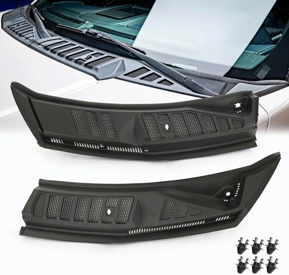 The front windshield wiper cover panel grille is compatible with the 2009 - 2014 models of F150. It features two front insert panels on both the left and right sides.