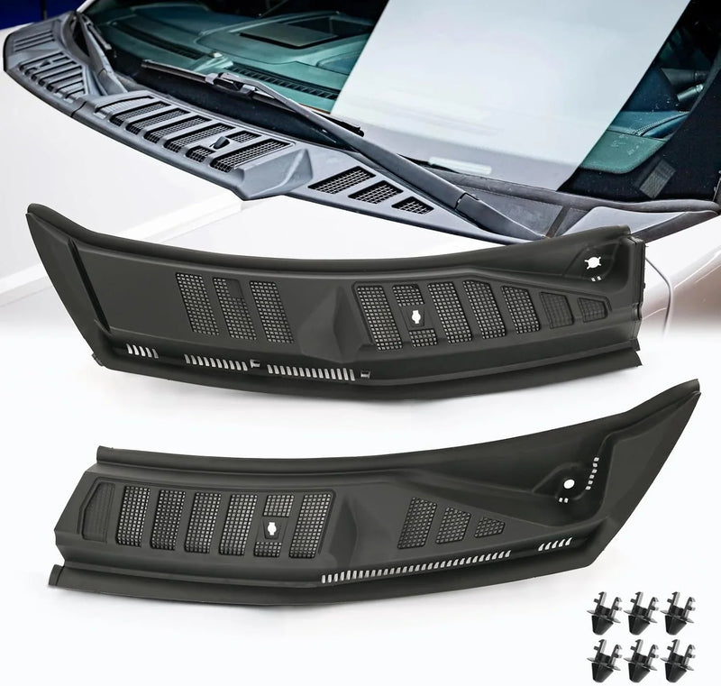 The front windshield wiper cover panel grille is compatible with the 2009 - 2014 models of F150. It features two front insert panels on both the left and right sides. O2311