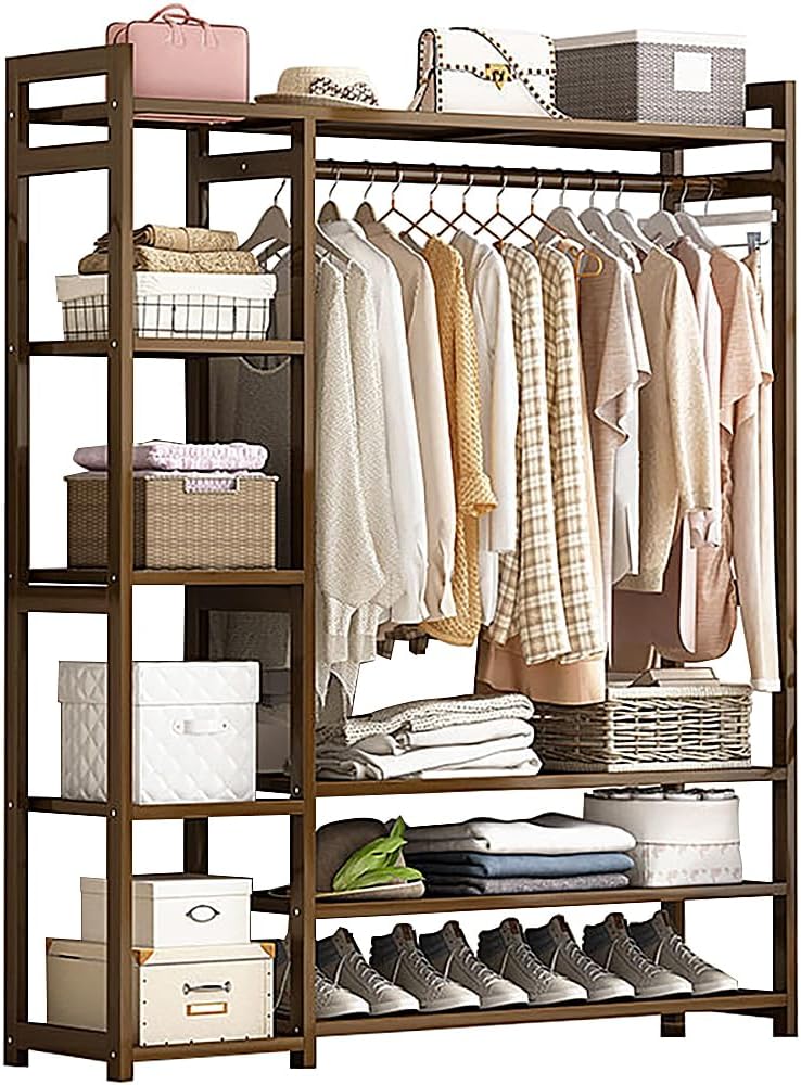 Floor-Standing Solid Wood Rotating Coat Rack，Portable Bamboo Clothes Rack - Versatile Closet Organizer with Storage Shelves and Compartments for Bedroom, Entryway, or Living Room - Stylish a O2663