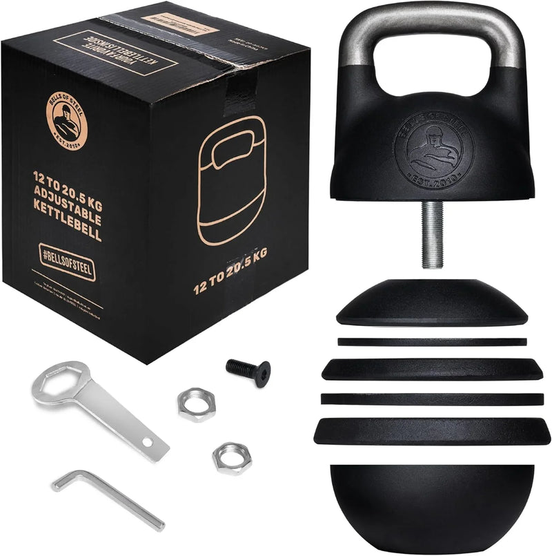 Adjustable Kettlebell Set [Bells of Steel] Kettle Bell Weight Set, Steel Shell, Internally-Loaded for Full Body Workouts, Competition Standard 35mm Handle, 12-20.5kg I1033