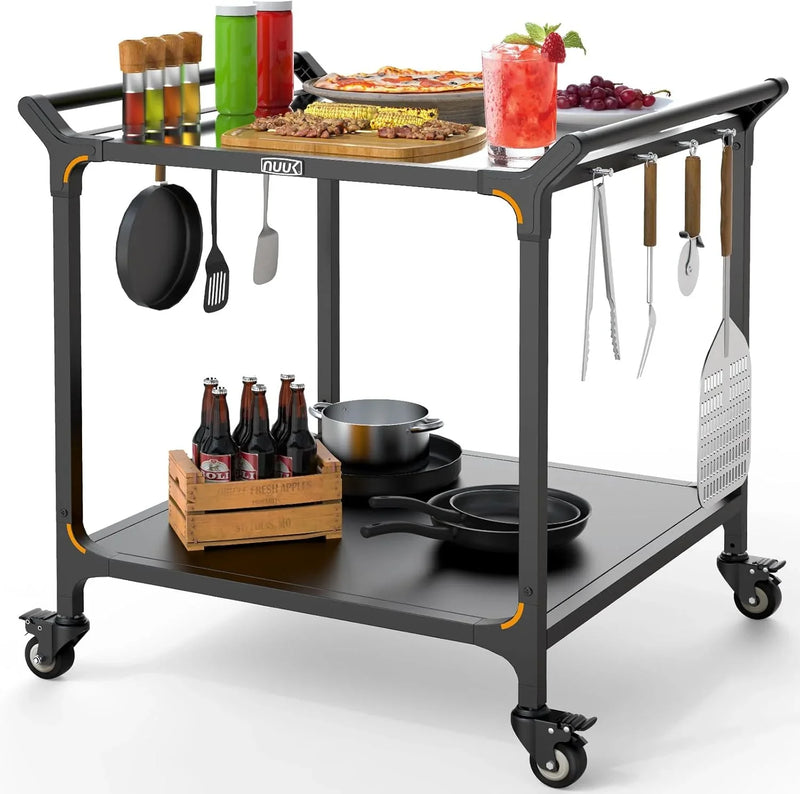 Outdoor barbecue food truck, 32" x 32" stainless steel pizza oven table, mobile barbecue kitchen food preparation cart with double-tiered shelves, suitable for garden patios Y9601