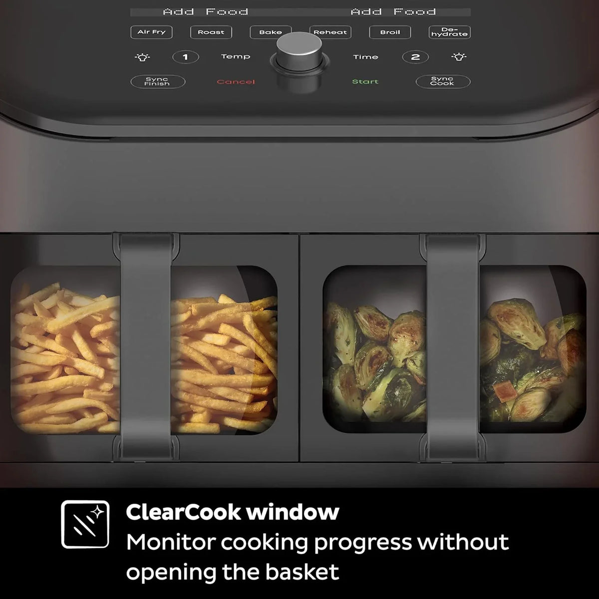 Air fryer, with a transparent casing, personalized programming, integrating 8 functions, capable of achieving various cooking methods such as frying, baking, drying, baking, heating and reheating.