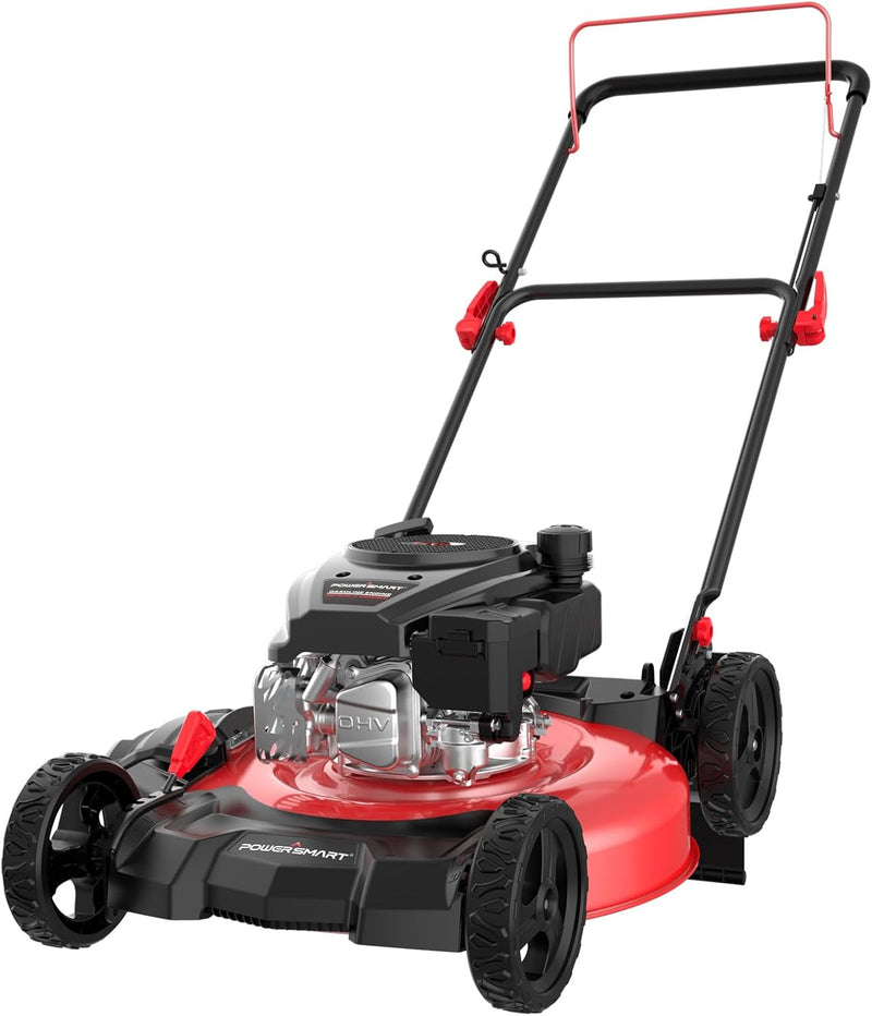 21-inch gas-powered lawn mower, equipped with a 144cc four-stroke all-terrain engine, featuring both crushing and side-discharge functions, with adjustable cutting height ranging from 6 positions. C3767