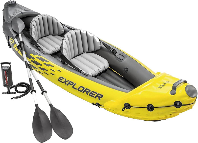 Explorer K2 Inflatable Kayak Set: Includes luxurious 86-inch aluminum paddle and high-output pump - extremely durable PVC material - adjustable seat with backrest - suitable for two people - maximum weight capacity 400 pounds Q1516