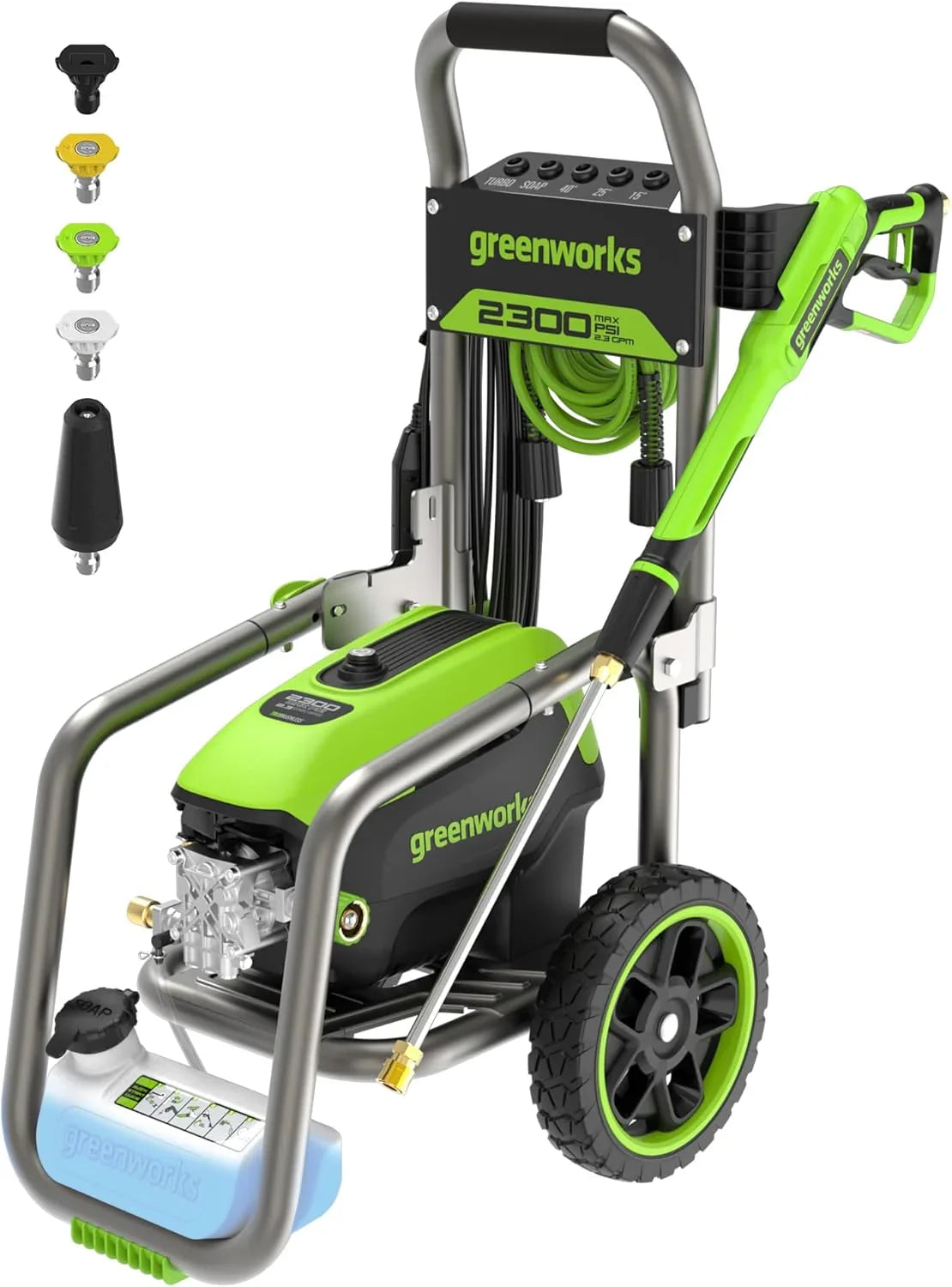 2300 pounds/square inch true brushless electric high-pressure cleaning machine (2.3 gallons/minute), 25 feet hose, quick-connect nozzle, 15°, 24°, 40° soap nozzles and turbine nozzle