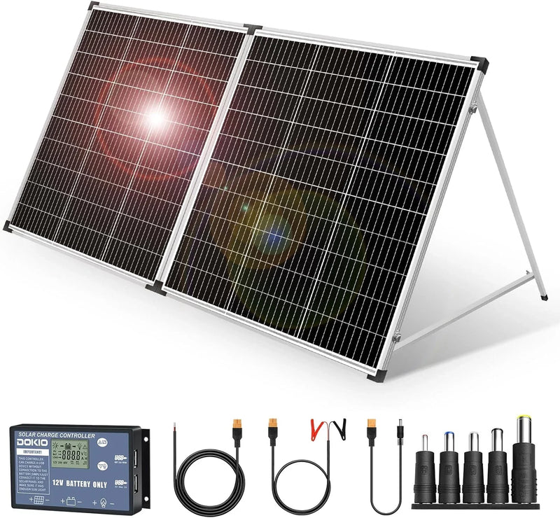 Foldable solar panel - 18-volt monocrystalline silicon type, portable foldable solar suitcase, equipped with a controller, used to charge 12-volt batteries (all lead-acid types: ventilated AGM gel): suitable for RV camping, sailing (200 watts) W7199