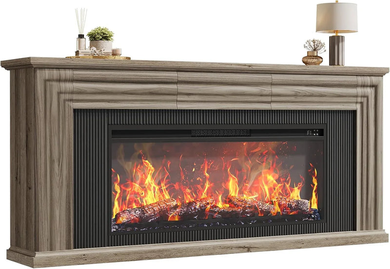 75-inch wall-mounted TV cabinet, rustic modern entertainment center with fireplace, 70-inch media cabinet with 3 drawers, featuring a recessed design, suitable for the living room, black version C9417