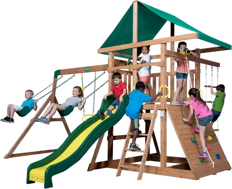 Cedar Wood Swing Set with Wave Slide, Play Deck, Double Rock Wall, Rope Ladder, Web Swing, Belt Swings, Toy Telescope, Steering Wheel, Sandbox Area, Outdoor Playset H8007