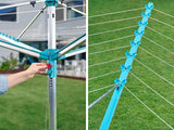 Simple drying machine, extendable by 50 meters to maintain cleanliness, made of fully rust-free aluminum material, with a shaft diameter of 3.28 meters and a maximum length of 2.03 meters. It has a pull-out rotating clothes drying rack, emerald green