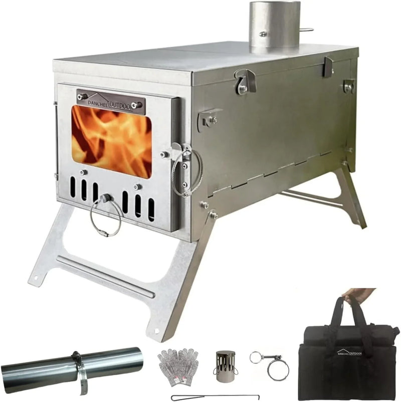 Titanium alloy tent wood stove for camping, 2 kilograms, foldable, lightweight and compact portable heat tent stove, comes with a 2.2-meter chimney, suitable for winter backpacking camping. G9490