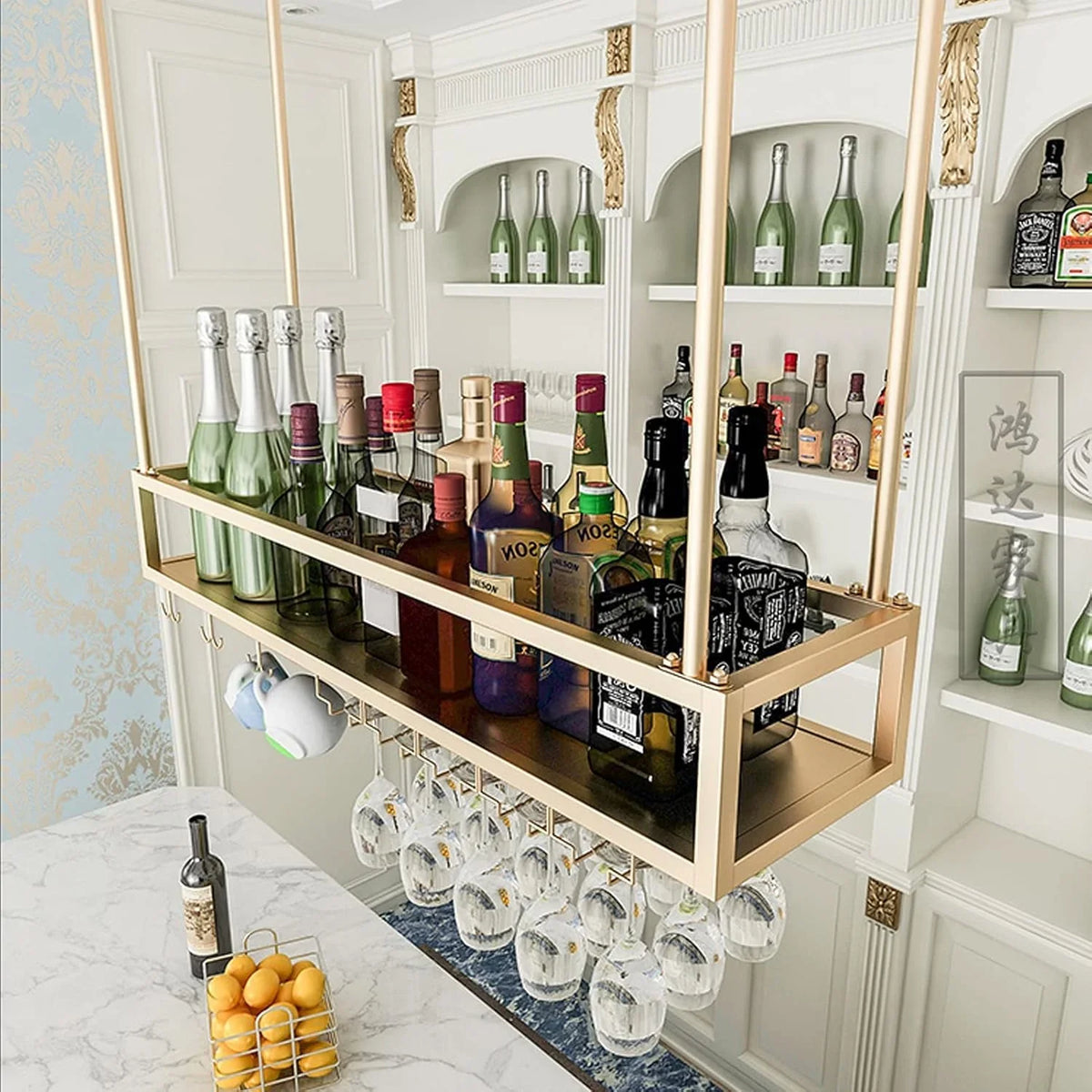 Wall Mounted Wine Rack for Bars & Restaurants Gold Metal Hanging Storage for Wine Bottles & Stem Glasses Perfect for Dining Room & Kitchen Decor Space Saving Design
