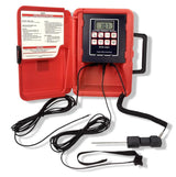 A thermoresistance thermometer with a liquid crystal display, in a red color, with a temperature range of -40°F to 300°F.