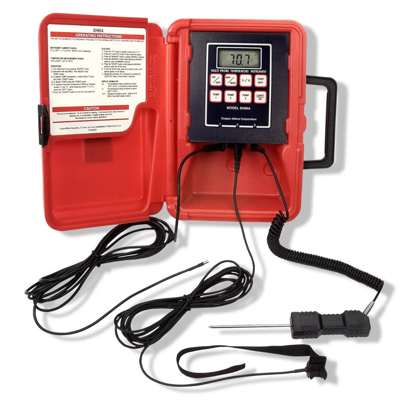 A thermoresistance thermometer with a liquid crystal display, in a red color, with a temperature range of -40°F to 300°F. J5119