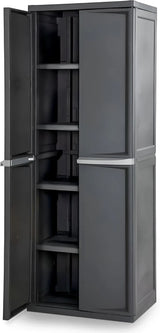 Storage Cabinet, Rugged Plastic Garage Organizer with Double Doors, 4 Adjustable Shelves, Gray
