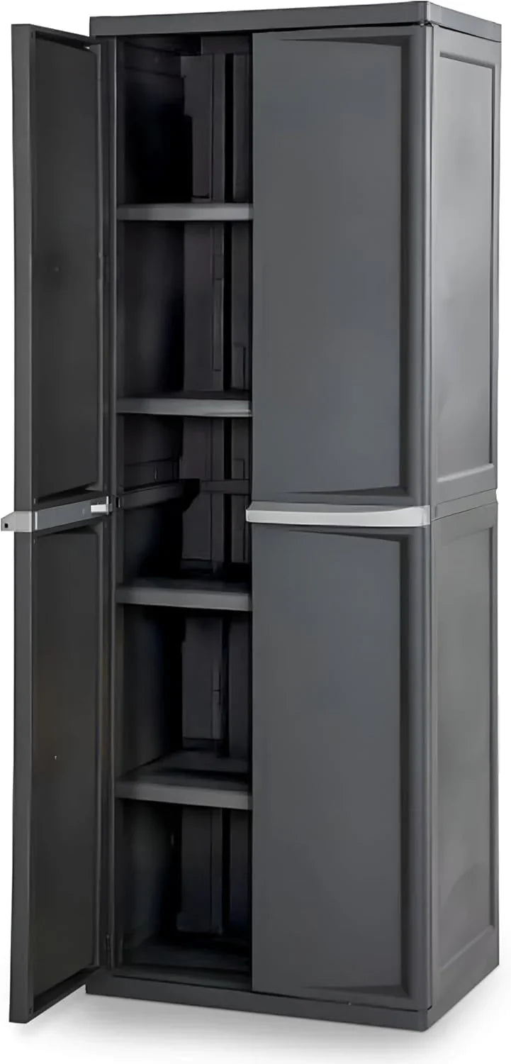 Storage Cabinet, Rugged Plastic Garage Organizer with Double Doors, 4 Adjustable Shelves, Gray