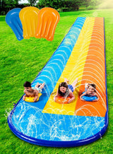 Sloosh Triple Water Slide with 3 BodyBoards, 22.5FT Lawn Water Splash Slip and Slide Summer Toy Splash Pad with Build in Advanced Sprinkler for Kids Adults Backyard Summer Water Fun