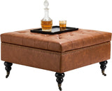 Square leather footstool with storage function, coffee table-style footstool with soft padded raised buttons, equipped with wheels, polyurethane leather high-density sponge, suitable room, dormitory, bedroom, in brown color scheme.