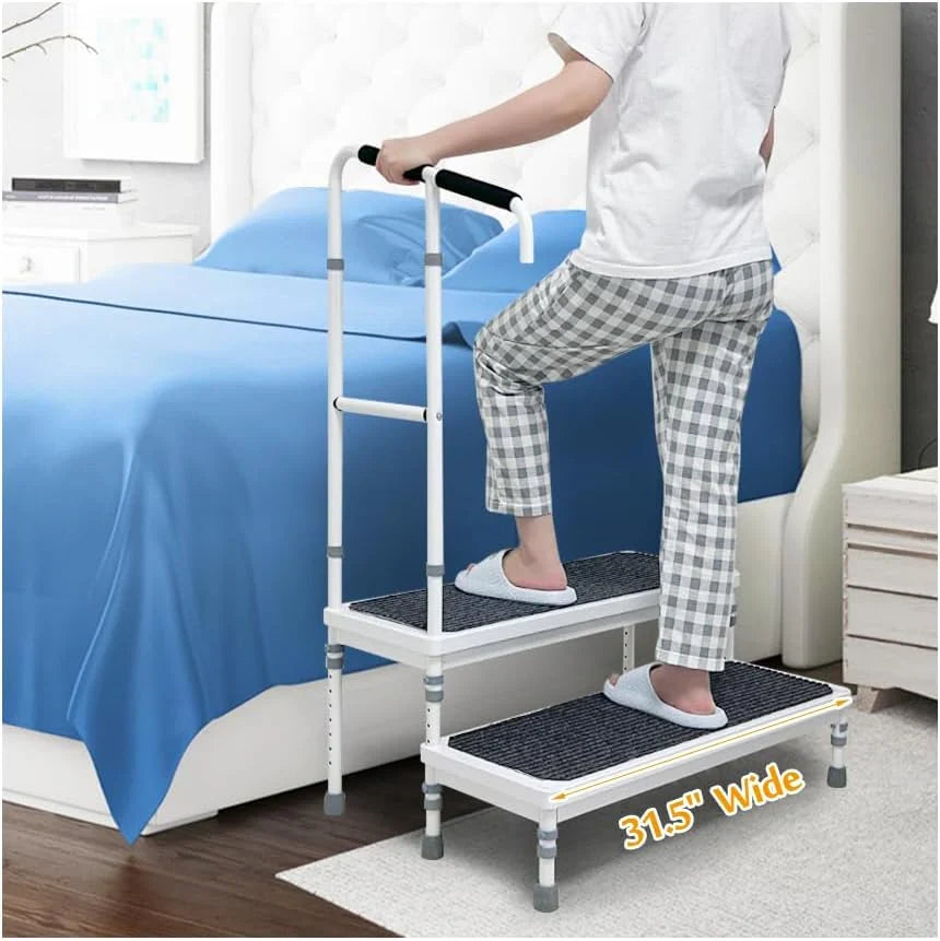 Mybow Bed Step Stool with Handle for High Beds, Adjustable 2 Step Stool, 31.5" Extra Wide & Heavy Duty Mobility Aid for Seniors, Post-Surgery Recovery, Pregnant Women, Medical Bedside Step