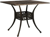 Bronze terrace table, made of cast aluminum, suitable for outdoor use, square design, stable and durable, with dimensions of 35.4 inches × 35.4 inches × 28.7 inches, equipped with umbrella holes, requires assembly.
