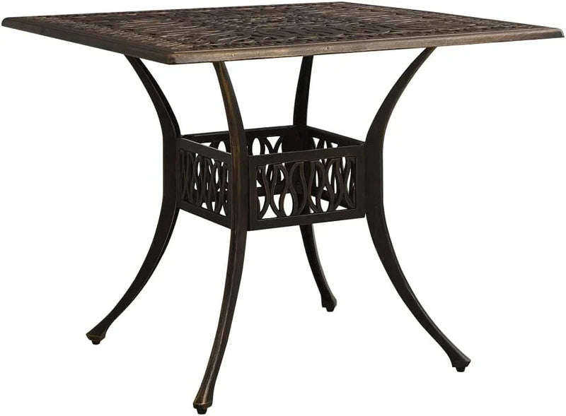 Bronze terrace table, made of cast aluminum, suitable for outdoor use, square design, stable and durable, with dimensions of 35.4 inches × 35.4 inches × 28.7 inches, equipped with umbrella holes, requires assembly. U6790