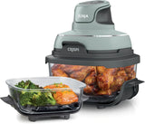 Air fryer can be used in conjunction with microwave ovens, refrigerators and dishwashers. It is made of non-toxic glass material and features a portable cooking system with a capacity of 4 gallons. It comes with 6 glass containers and a sealing lid