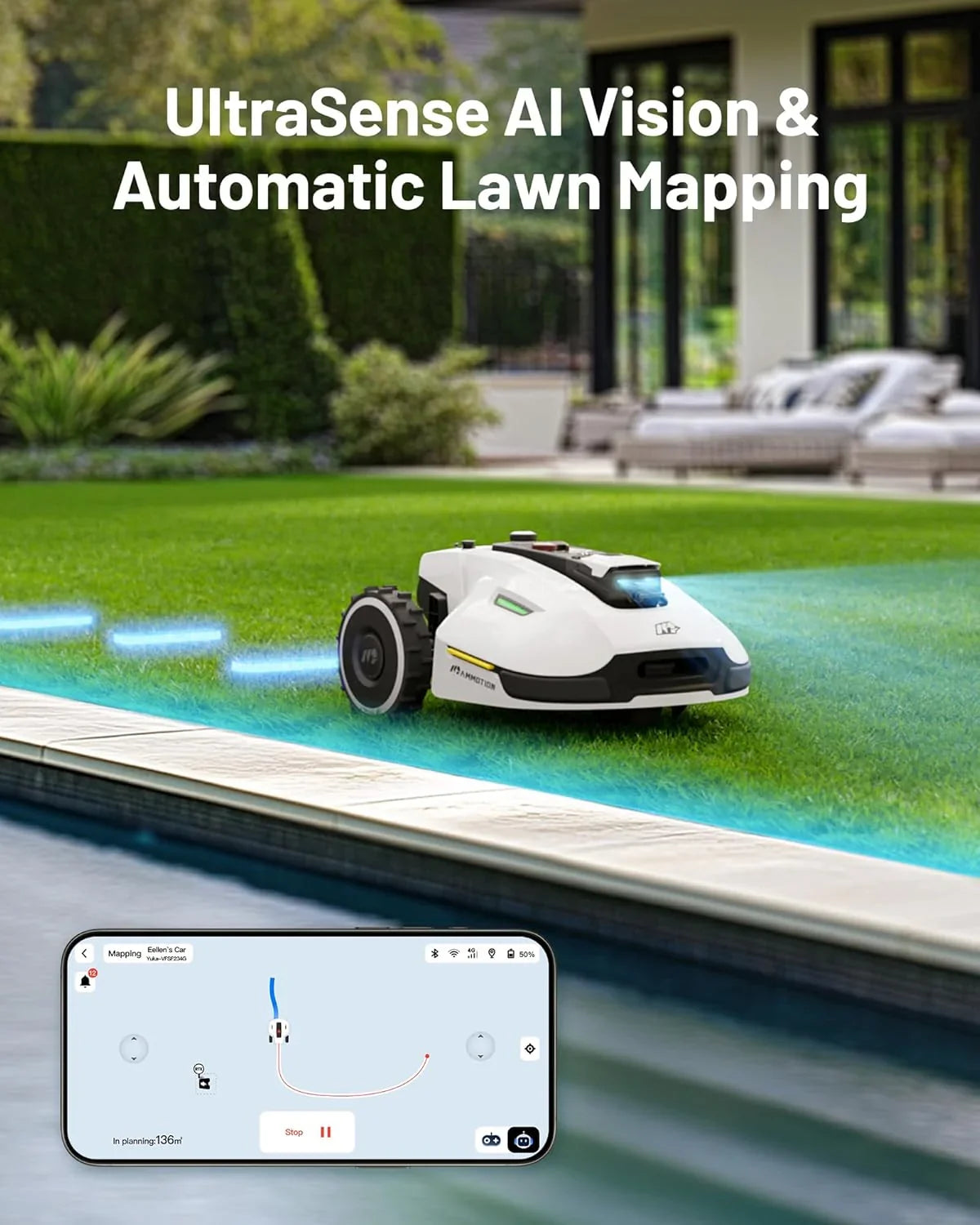 2000 Robot Lawn Mower with 4G, Reception 0.5 Acre,Max. 0.7 Acre, Ultrasense AI Vision & RTK, Auto Mapping & App Control,45% Slope,Wireless Perimeter,Dual Cutting Discs, 20 Mowing Zones