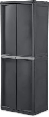 Storage Cabinet, Rugged Plastic Garage Organizer with Double Doors, 4 Adjustable Shelves, Gray
