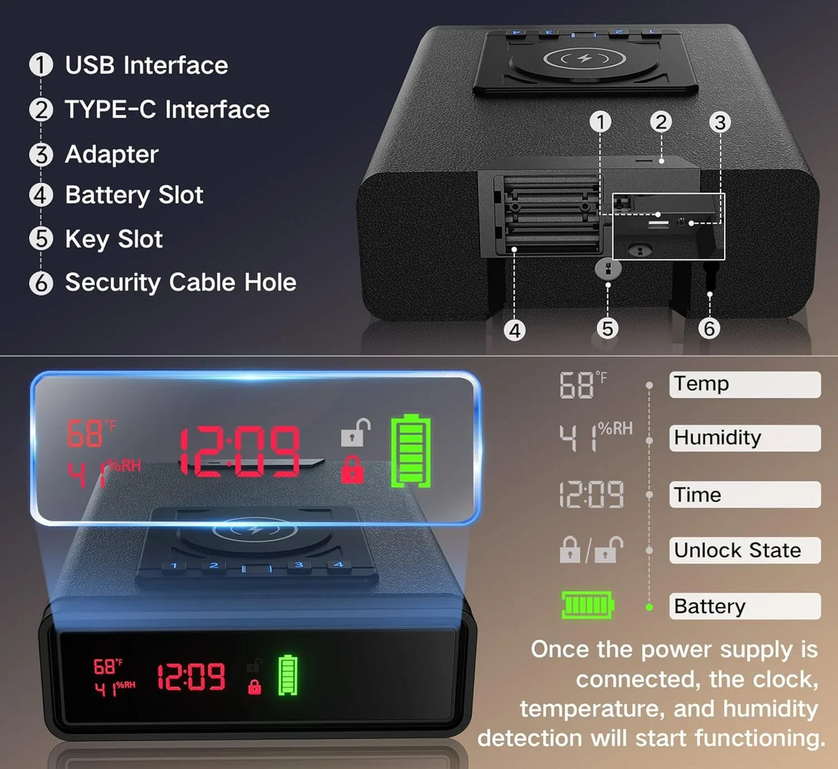 Smart Biometric Safe with Wireless Charging for Phone & Watch, 3 Access Methods to Unlock, Nightstand Drawer Safe LED Display with Humidity & Temperature Monitoring, Stopbox for Cash and Valuables