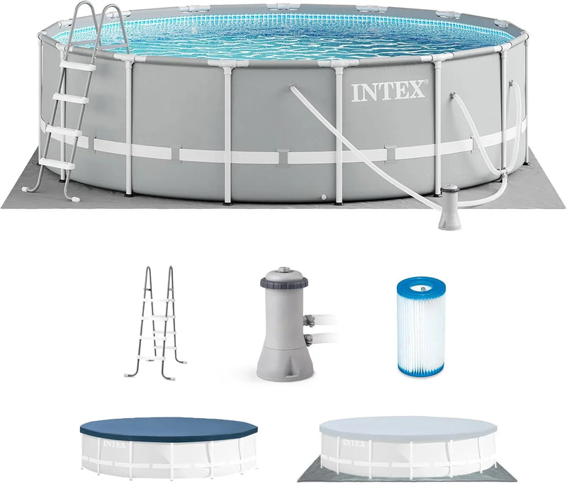 Above Ground Swimming Pool w/ Pump, Cover, & Ladder, 18' x 48", Prism Frame, Gray - Outdoor Round Family Pool w/ Filter, 42-Inch Deep Water T7208