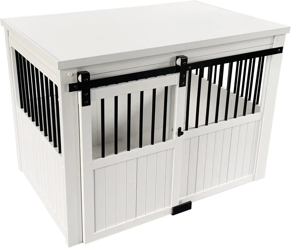 Farm sliding cowshed door furniture-style dog cage - antique white, large size. Unique style, durable and sturdy. Removable seat cushion. Easy to assemble.