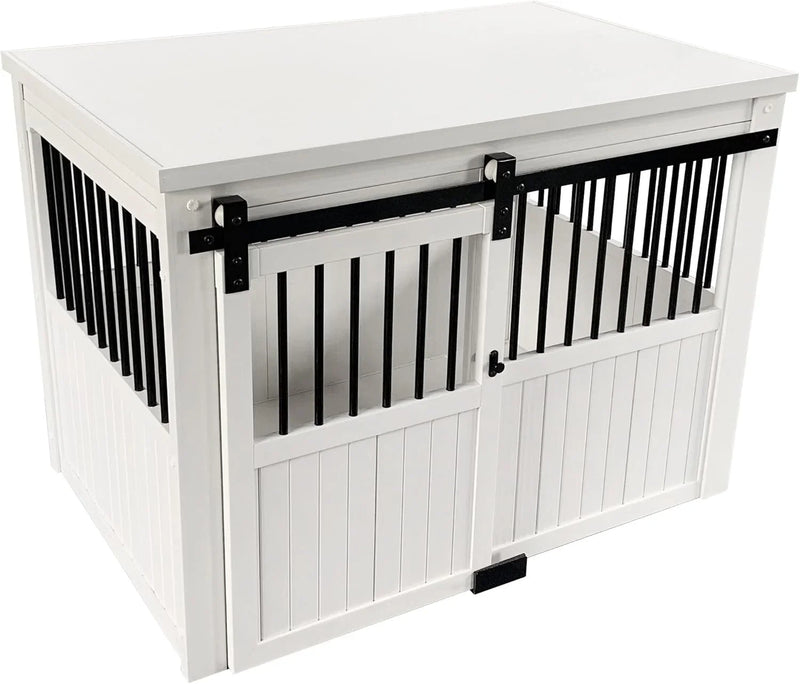 Farm sliding cowshed door furniture-style dog cage - antique white, large size. Unique style, durable and sturdy. Removable seat cushion. Easy to assemble. K4288
