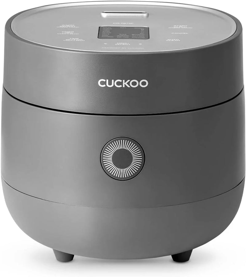 Electric rice cooker with 6-cup capacity (uncooked) / 12-cup capacity (cooked), modern fuzzy logic control, featuring timer function and insulation setting, compact model, multi-functional steamer, non-stick inner liner, gray exterior. O5272