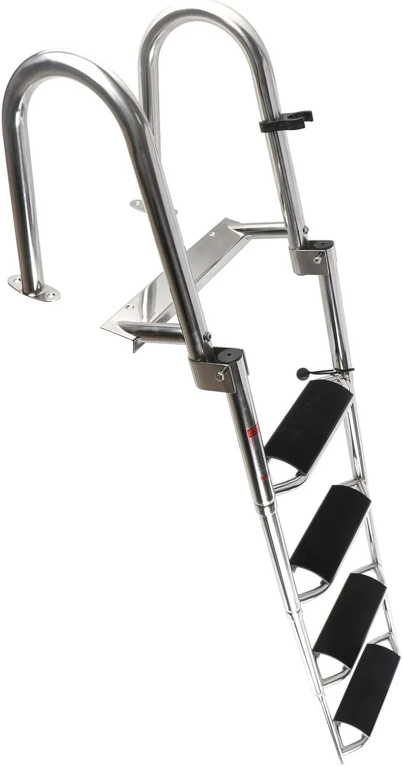 4 Steps Telescoping Boat Ladder Reinforce Dock Ladder Heavy Duty Swim Deck Ladder with Hand Railings and Extra Wide Steps