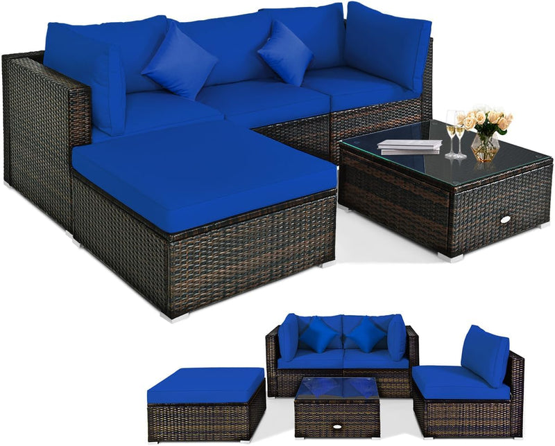 5 pieces of outdoor patio furniture, L-shaped rattan three-seater sofa with tempered glass coffee table, footstool, 3 single chairs, rattan outdoor party set, suitable for backyard, porch, balcony, black version D8435