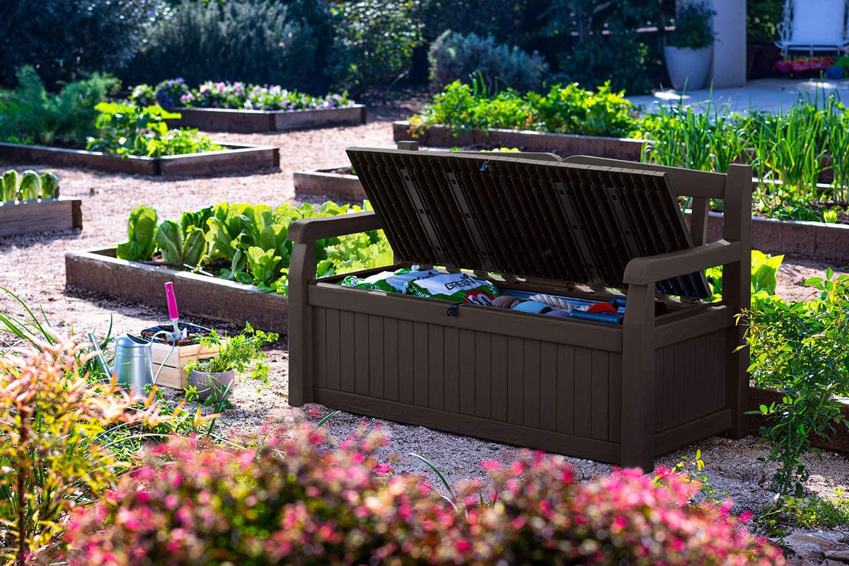 70 Gallon Storage Bench Deck Box for Patio Furniture, Front Porch Decor and Outdoor Seating -- Perfect to Store Garden Tools and Pool Toys, Brown